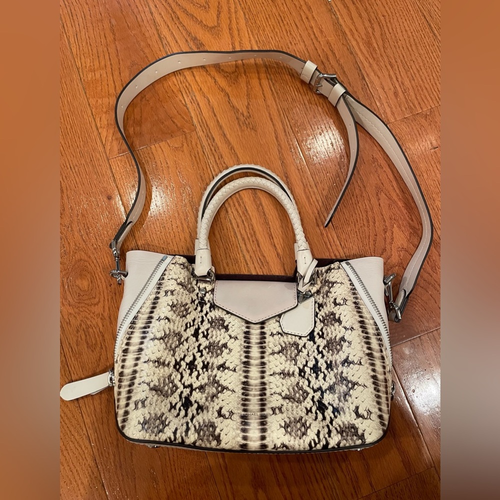 Michael Kors Blakely Snake Embossed Leather Satchel Crossbody Bag Cream Python